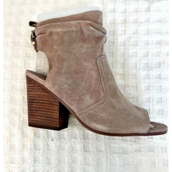 Latigo Arma Open Toe Suede Booties Taupe Block Heel Size 10 New In Box - Picture 3 of 13